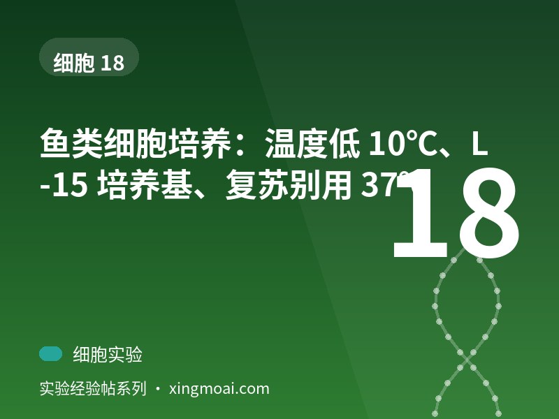 鱼类细胞培养：温度低 10℃、L-15 培养基、复苏别用 37℃